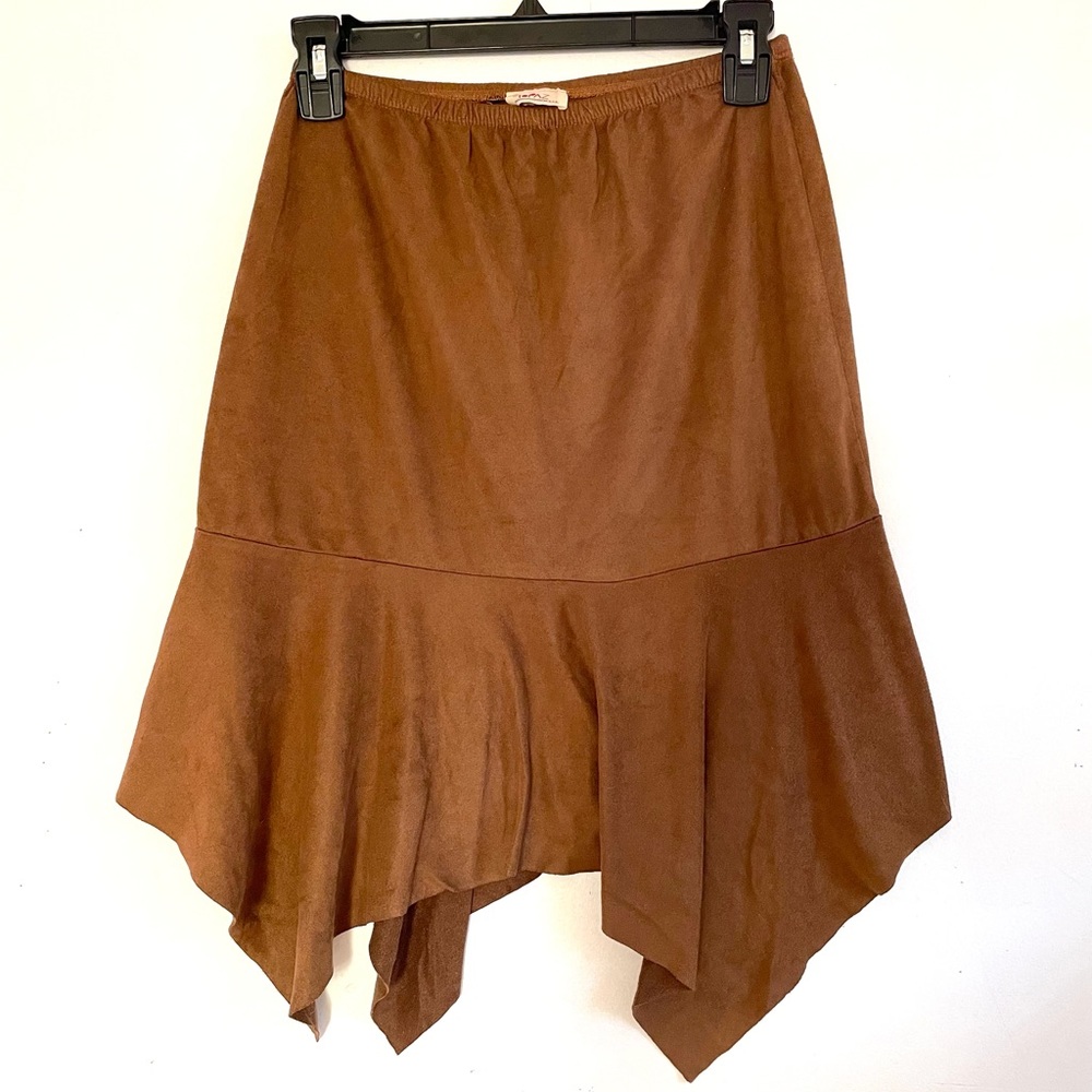 vintage y2k asymmetrical camel suede skirt